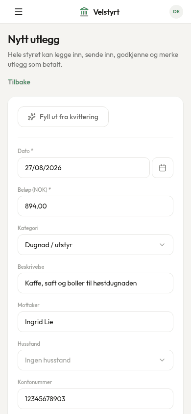 Skjemaet for nytt utlegg på mobil, med knappen «Fyll ut fra kvittering»