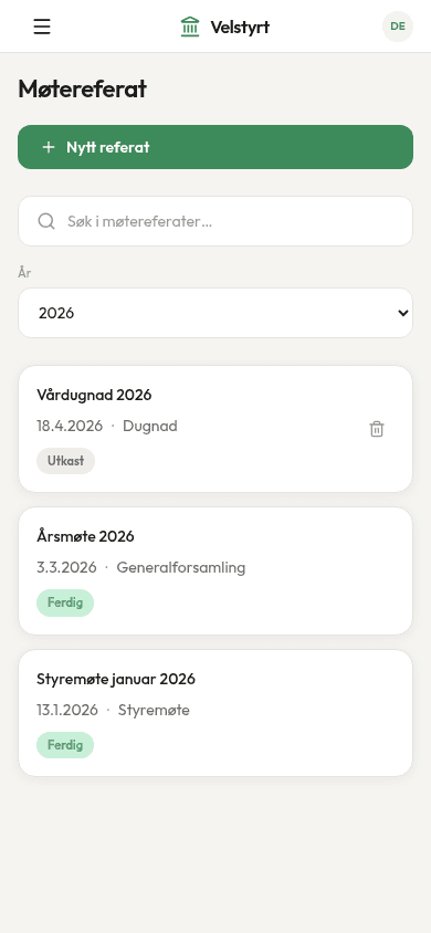 Listen over møtereferater på mobil