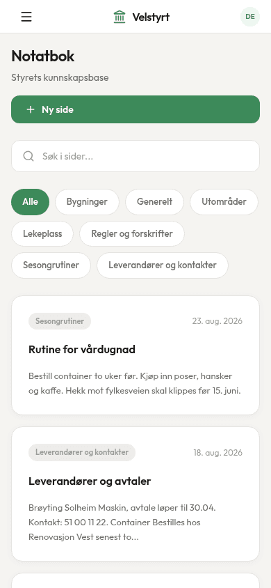 Notatboken på mobil, med sider som kort